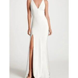 NEW Dress the Population Iris Crepe Plunge Side Slit White Maxi Gown